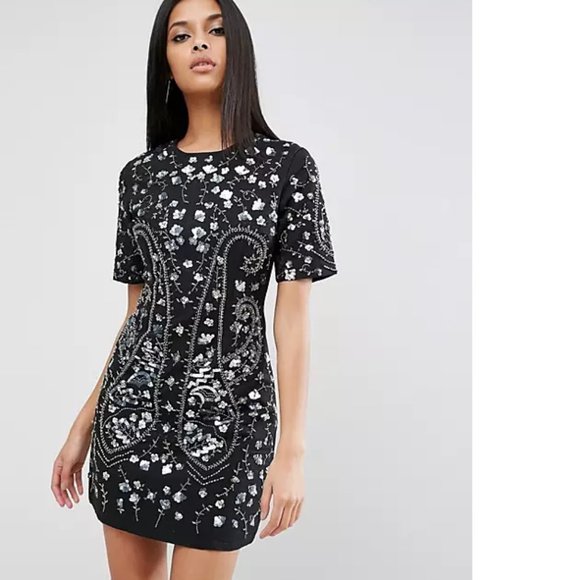 ASOS Collections All Over Embellished Sequins Embroider Shift Aline Cotton Dress - Picture 2 of 15